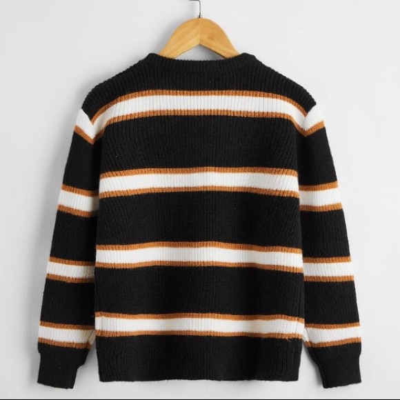 Shein XS Striped Mens Sweater Orange White Black - Picture 2 of 4